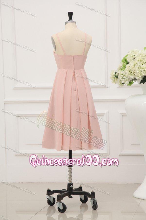 Baby Pink Spaghetti Straps Chiffon Dama Dress for Quinceanera