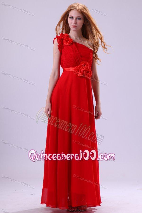 Discount Empire One Shoulder Red Ruching Chiffon Dama Dresses