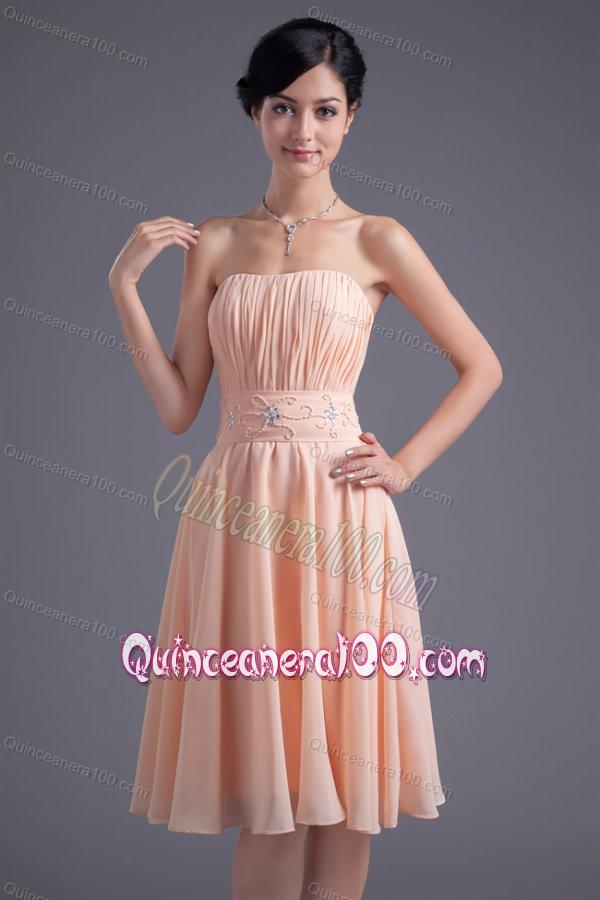 Elegant Empire Strapless V-neck Knee-length Chiffon Peach Dama Dress for Quinceanera with