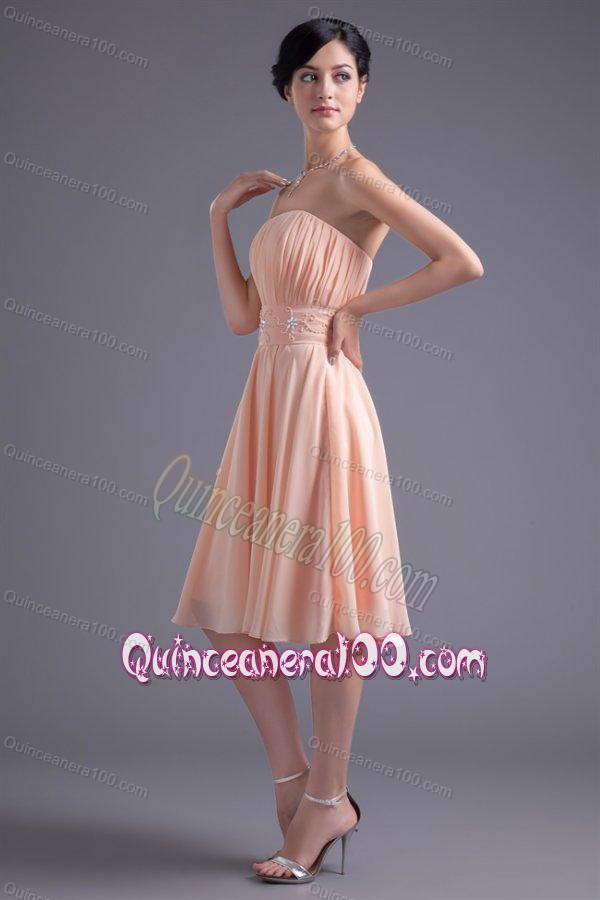 Elegant Empire Strapless V-neck Knee-length Chiffon Peach Dama Dress for Quinceanera with