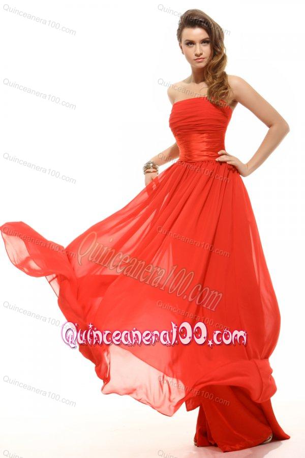 Empire Red Strapless Ruching Floor-length Dresses for Dama