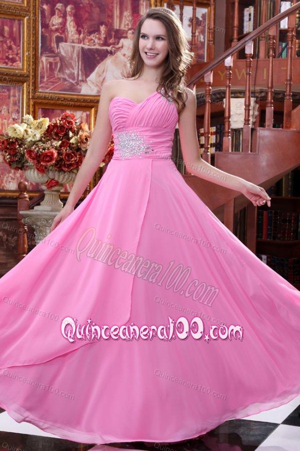 Empire Rose Pink One Shoulder Beading and Ruching ChiffDama Dress for Quinceanera