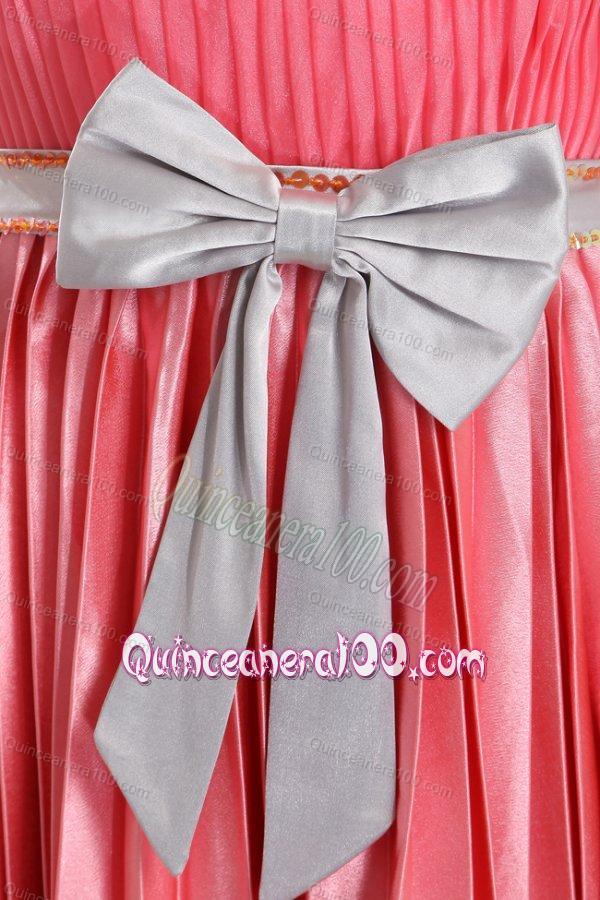 Empire Sashes and Pleats Strapless Watermelon Red Dama Dress for Quinceanera