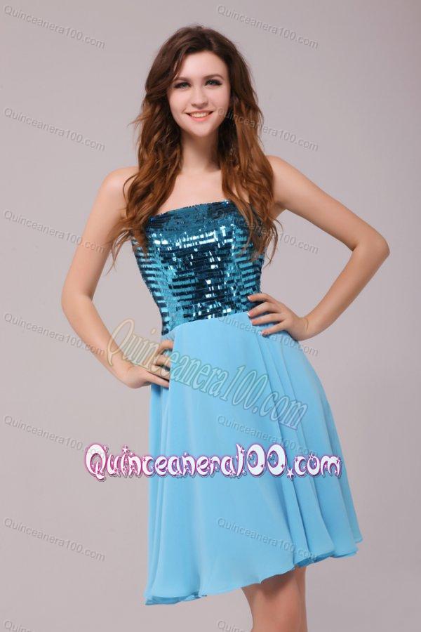 Empire Sequins Strapless Knee-length Light Blue Dresses for Dama