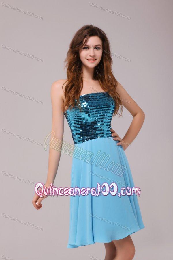 Empire Sequins Strapless Knee-length Light Blue Dresses for Dama