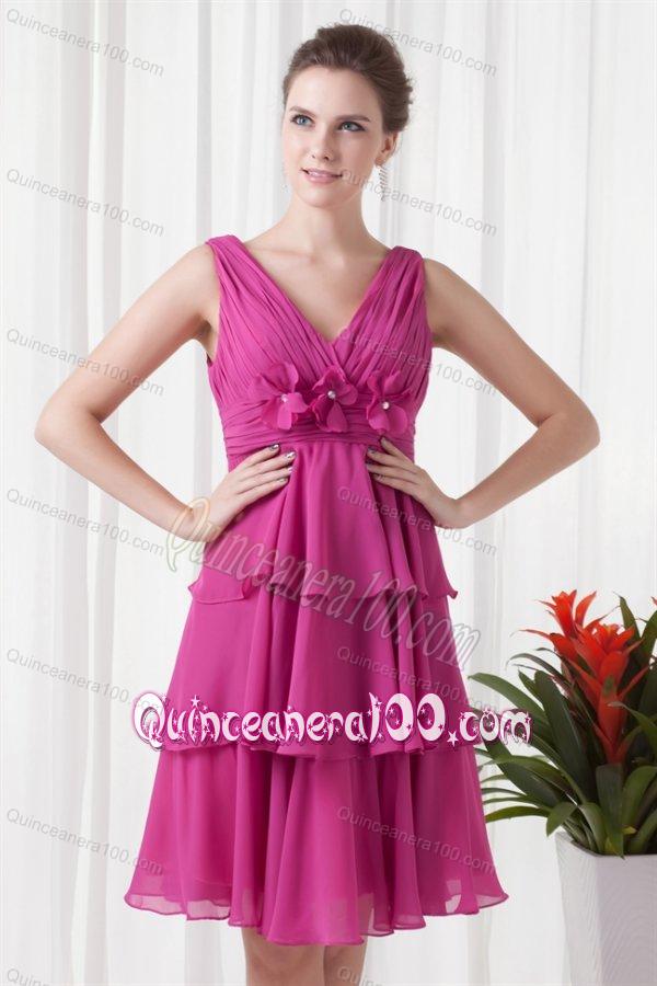 Empire V-neck Knee-length Fuchsia Chiffon Ruching Dama Dresses