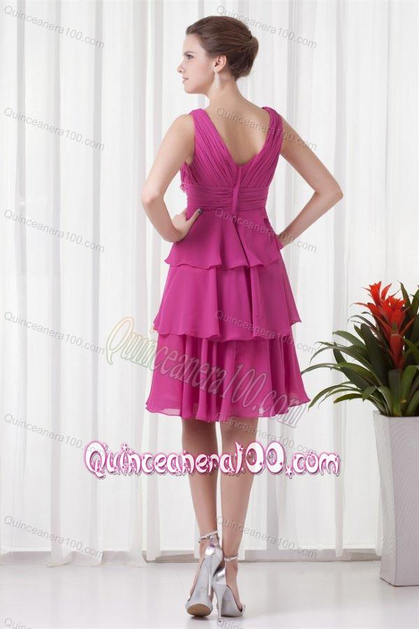 Empire V-neck Knee-length Fuchsia Chiffon Ruching Dama Dresses