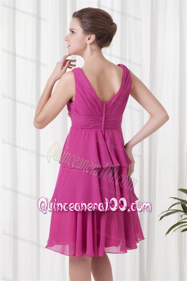 Empire V-neck Knee-length Fuchsia Chiffon Ruching Dama Dresses