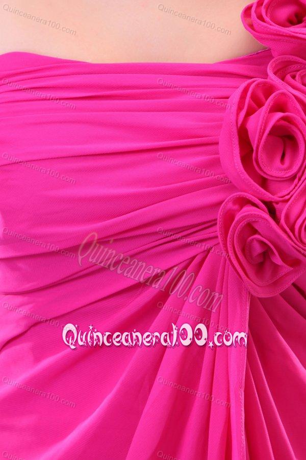 Hot Pink Hand Made Flowers and Ruching One Shoulder Dama Dresses