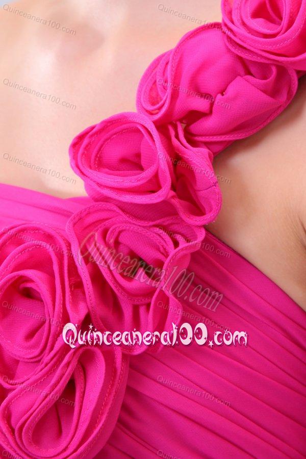 Hot Pink Hand Made Flowers and Ruching One Shoulder Dama Dresses