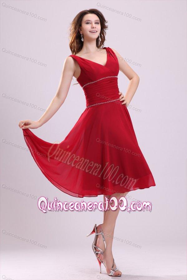 Popular A-line V-neck Dama Dress for Quinceanerain Wine Red with Knee-length