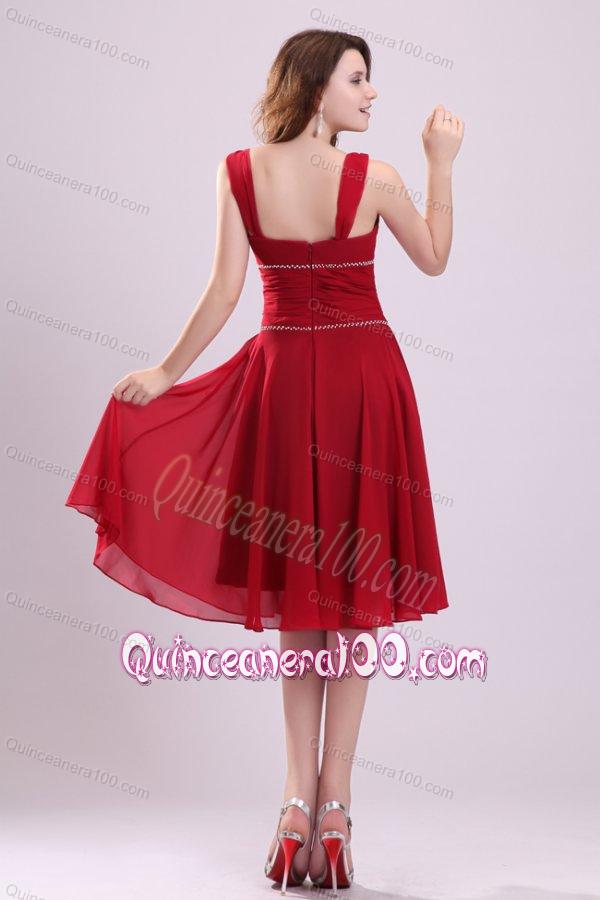 Popular A-line V-neck Dama Dress for Quinceanerain Wine Red with Knee-length