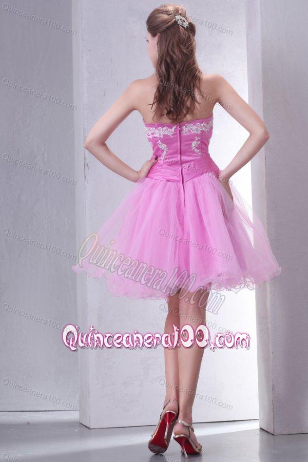 Sweetheart Rose Pink Short Organza Mini-length Dama Dress for Quinceanera with Appliques