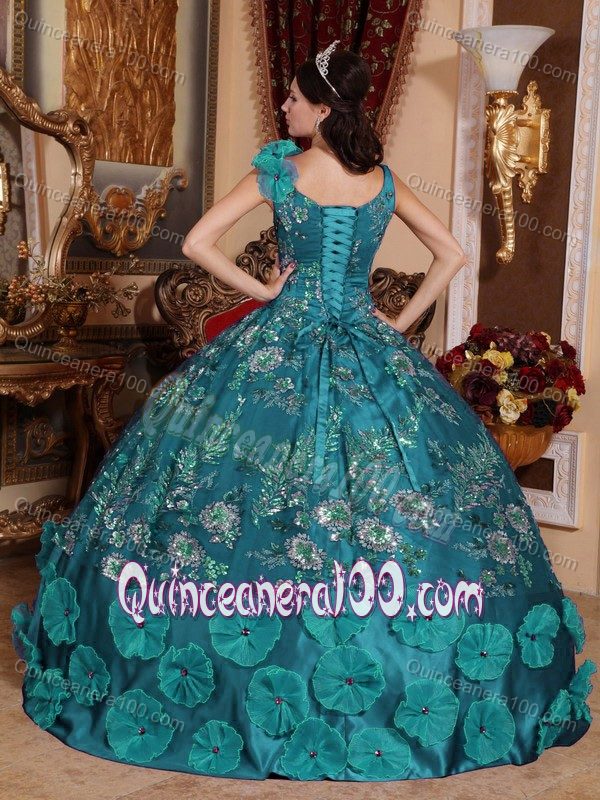 V-neck Beading and Embroidery Puffy Sweet 16 Gowns in Teal