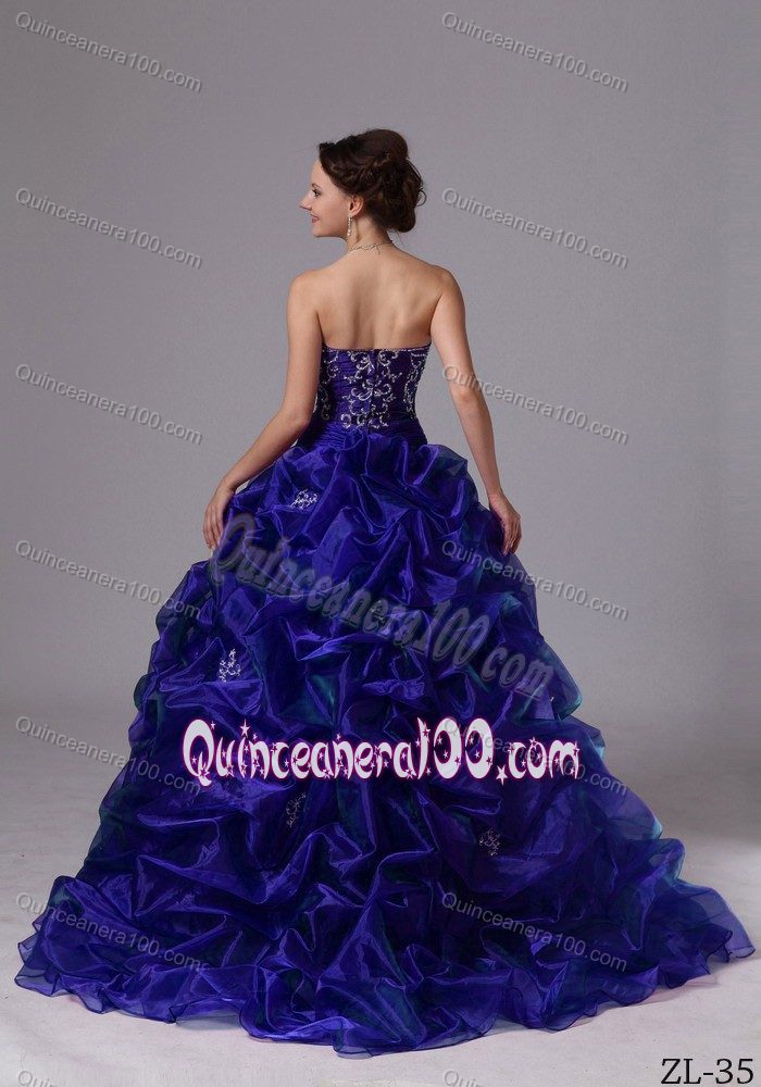 Embroidery Pick-ups Sweep Train Dress for Quinceanera in Purple