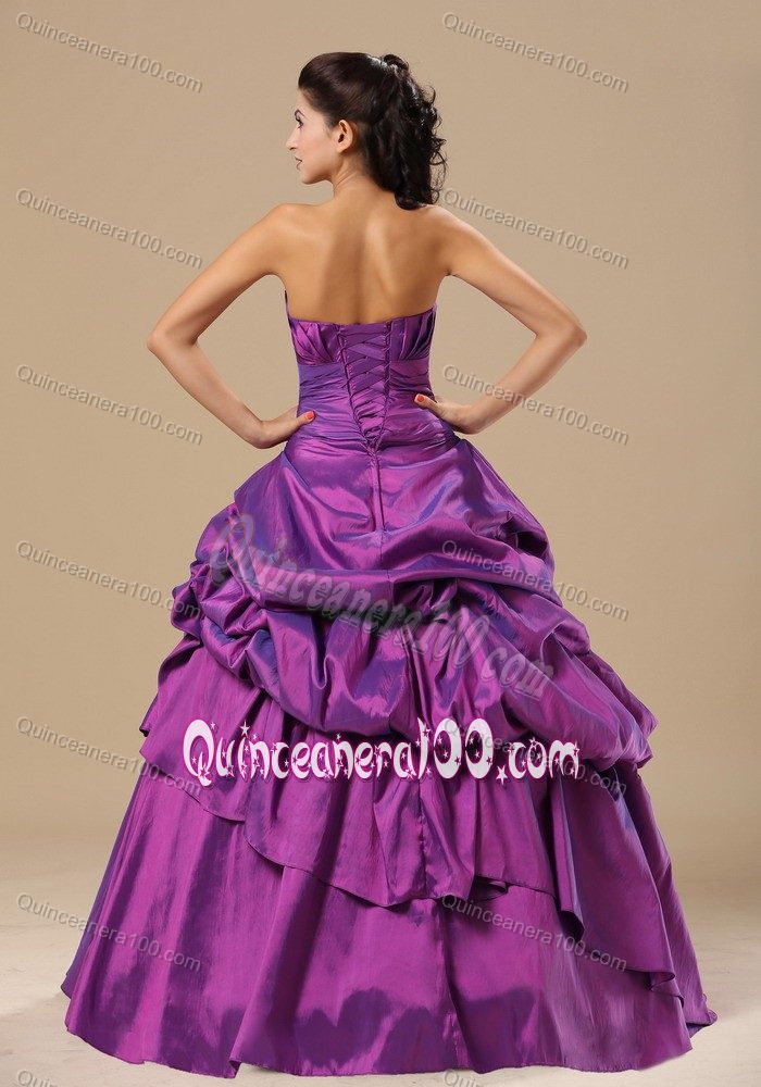 Appliques Pick-ups Purple Strapless Quinceanera Gown Dresses