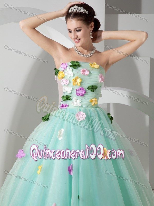 Apple Green A-line Strapless Sweet 15 Dresses with Hand Made Flowers