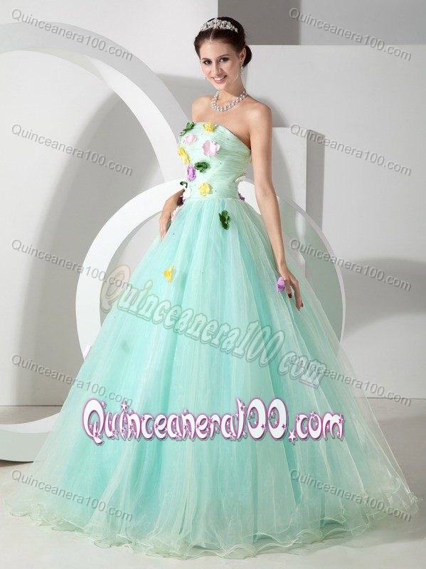 Apple Green A-line Strapless Sweet 15 Dresses with Hand Made Flowers