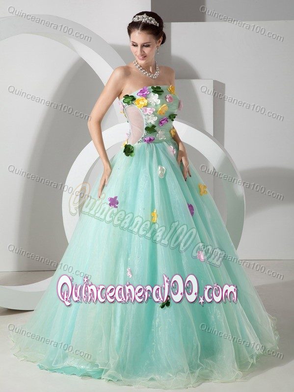 Apple Green A-line Strapless Sweet 15 Dresses with Hand Made Flowers