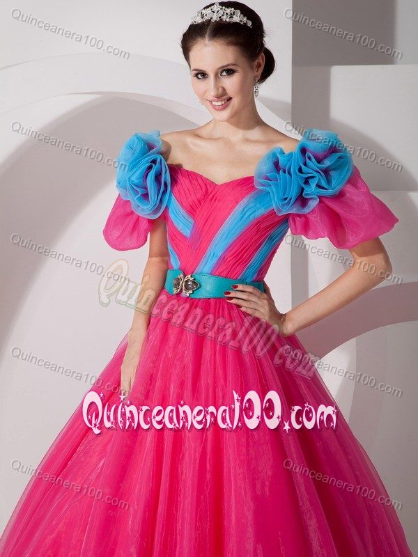 V-neck Hot Pink Quinceaneras Dress with Hand Made Flowers