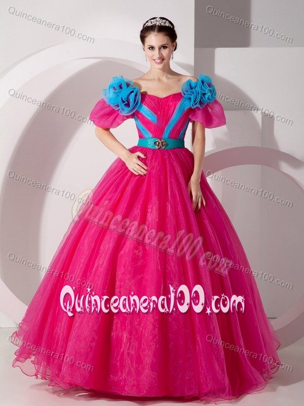 V-neck Hot Pink Quinceaneras Dress with Hand Made Flowers