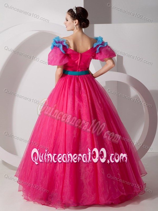 V-neck Hot Pink Quinceaneras Dress with Hand Made Flowers