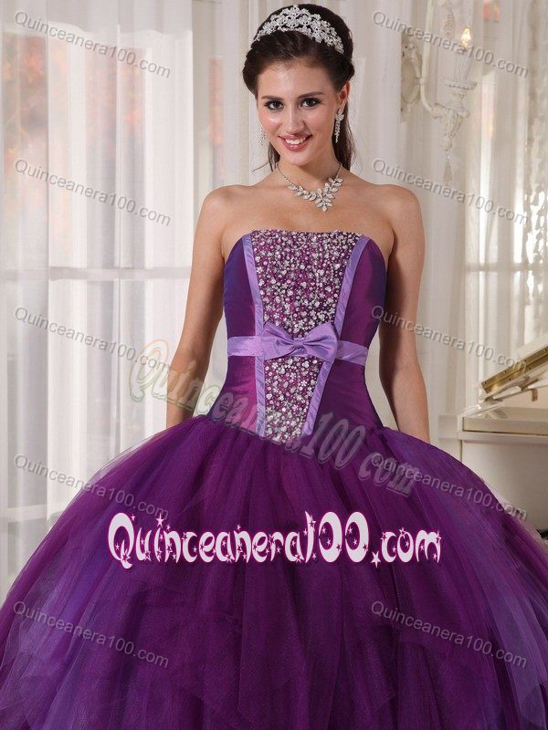 Strapless Beading Purple Ball Gown Sweet 15 Dresses with Ruffles