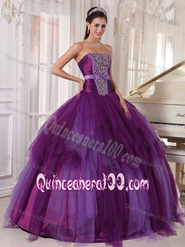 Strapless Beading Purple Ball Gown Sweet 15 Dresses with Ruffles