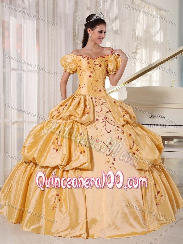 Gold Off The Shoulder Bubble Sleeves Quinceanera Dress with Embroidery and Pick-ups