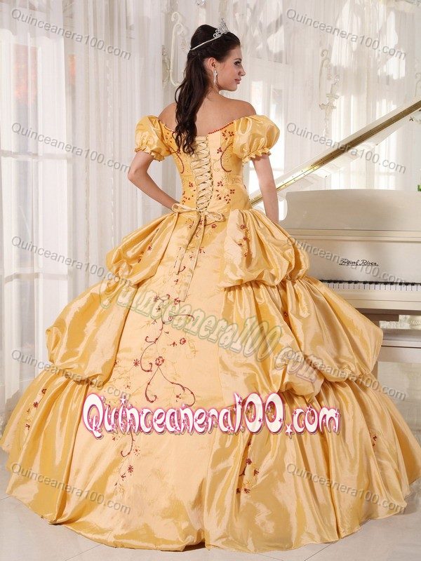 Gold Off The Shoulder Bubble Sleeves Quinceanera Dress with Embroidery and Pick-ups