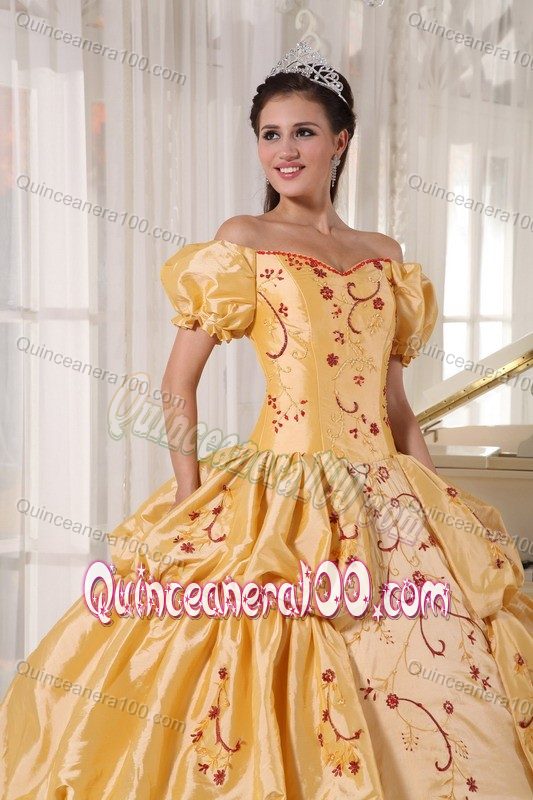 Gold Off The Shoulder Bubble Sleeves Quinceanera Dress with Embroidery and Pick-ups