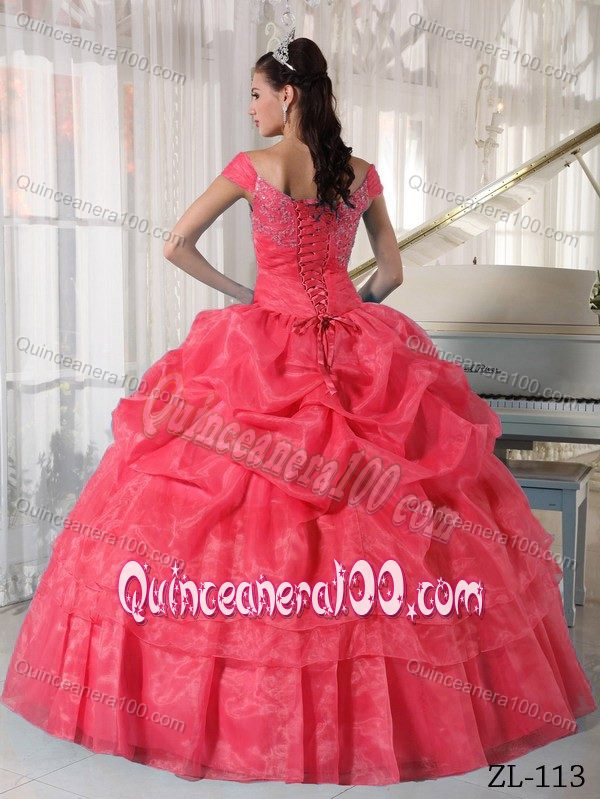 Watermelon Off The Shoulder Beading Pick-ups Quinceanera Dress