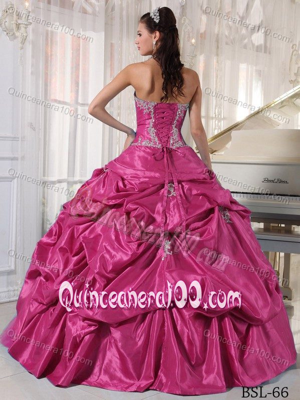 Beaded Strapless Appliques Pick-ups Dresses For 15 in Hot Pink