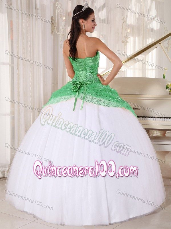 Apple Green Sequin and White Spaghetti Halter Quinceanera Gowns