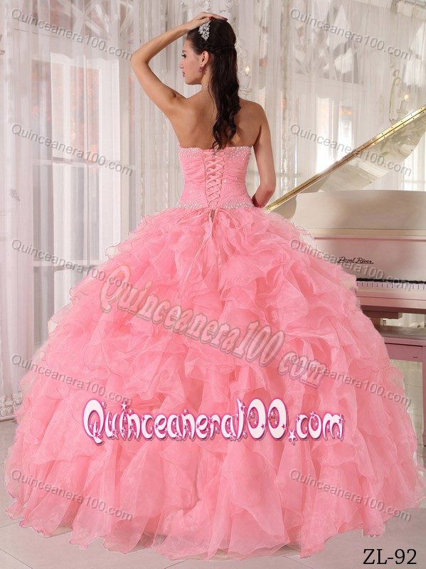 Beading Strapless Floor-length Pink Quinceanera Dress with Ruffles