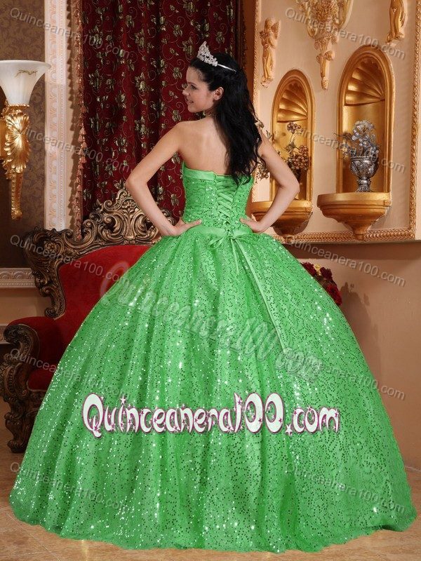 Strapless Green Sequin Ball Gown Sweetheart Quinceanera Dress