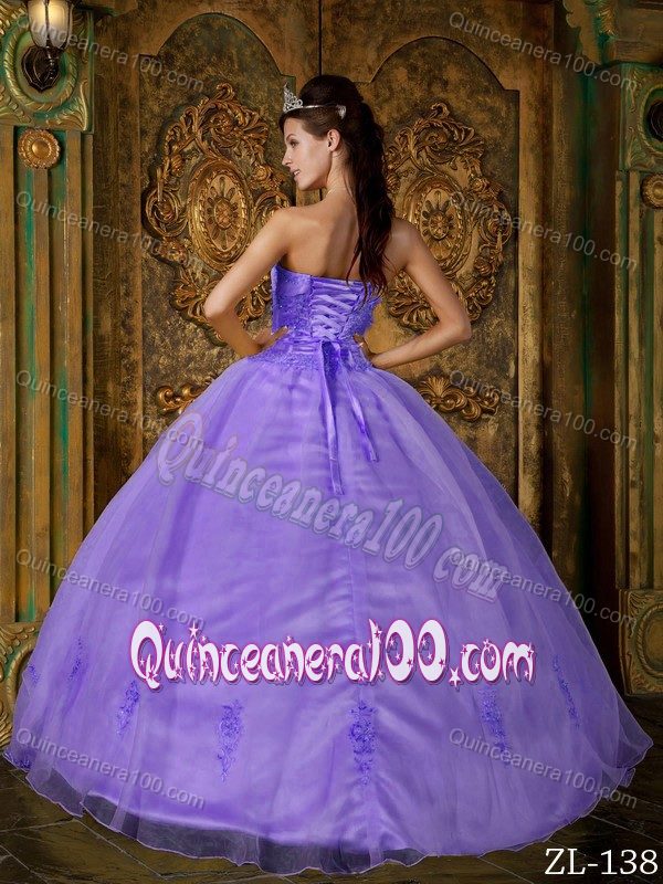 Lavender Strapless Floor-length Appliques Quinceanera Dress