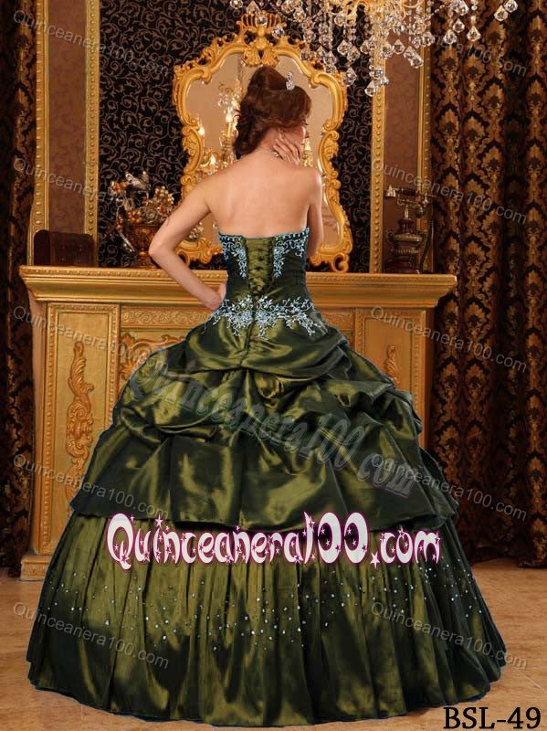 Strapless Floor-length Appliques Olive Green Sweet 16 Dresses