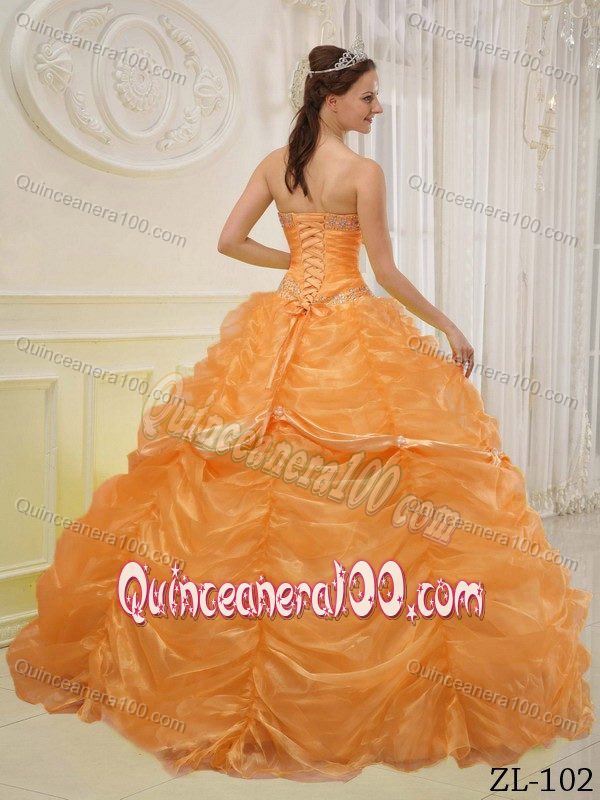 Orange Sweetheart Beading Quinceanera Dress with Pick-ups