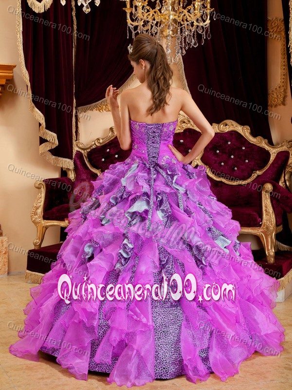 New Leopard and Organza Fuchsia Sweetheart Beaded Dress For Quinceanera