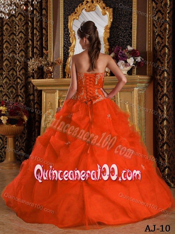 Puffy Beading Orange Floor-length Pick-ups Tulle Dresses Of 15