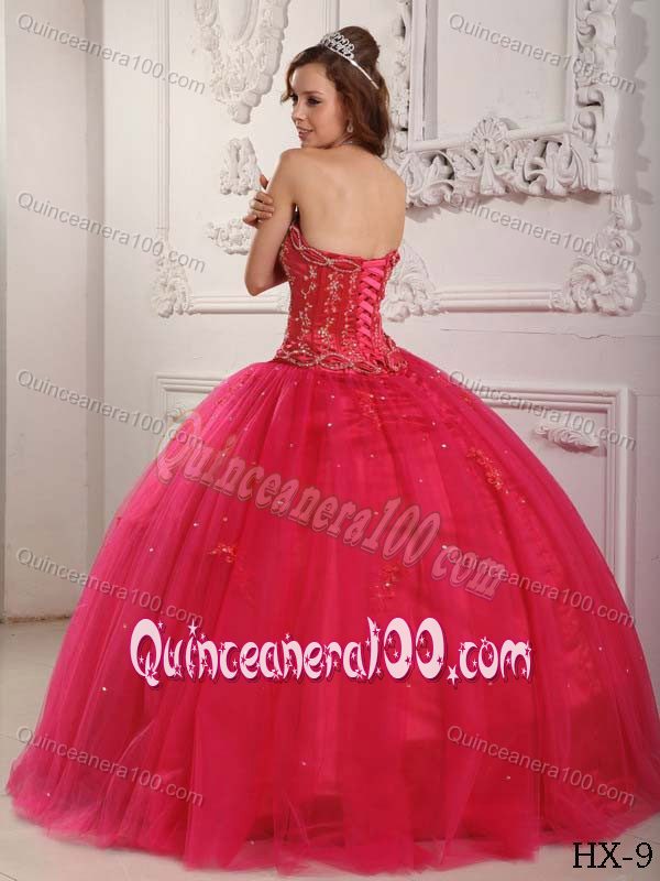 2013 Affordable Beading Strapless Tulle Hot Pink Quinceanera Dress