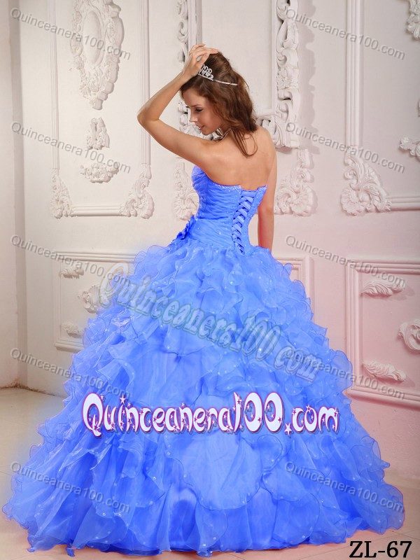 Beading Sweetheart Ruffles and Hand Made Flower Blue Quinces Dresses