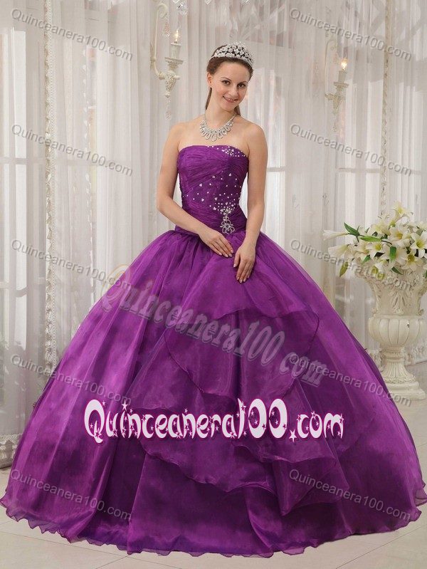 Latest Ruching Purple Beading and Layers Organza Quinceneara Dresses