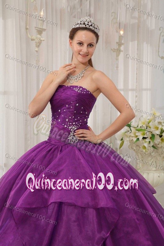 Latest Ruching Purple Beading and Layers Organza Quinceneara Dresses