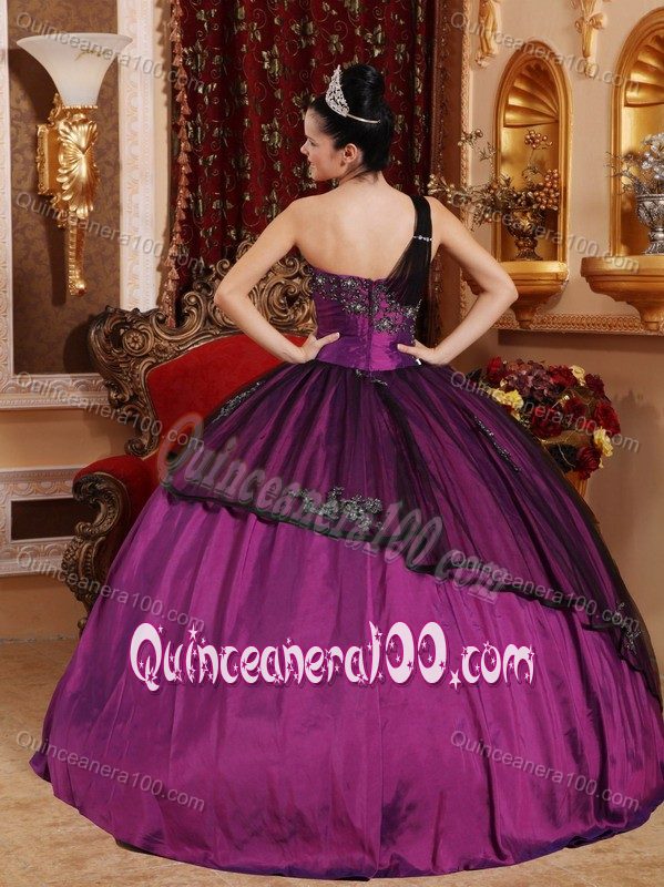 Ruching One Shoulder Purple Quinceaneras Dress with Beading and Appliques