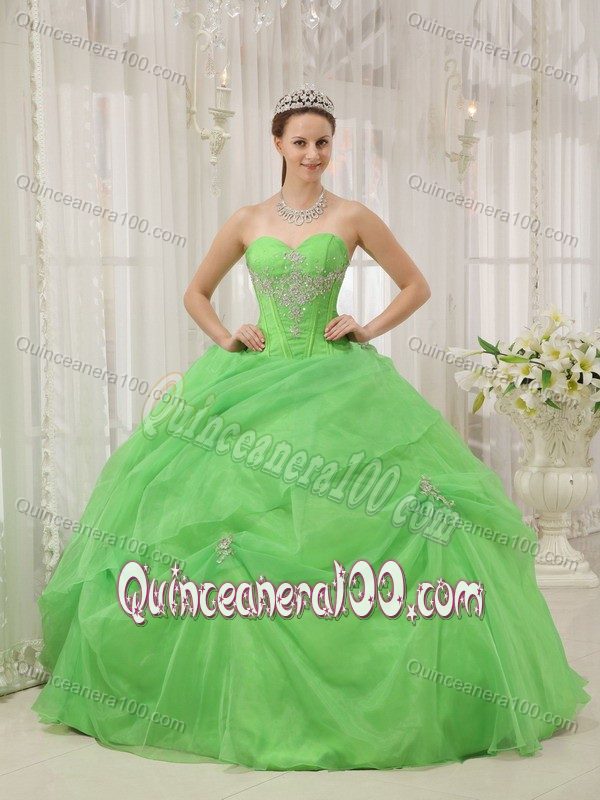 New Style Spring Green Appliques Sweetheart Quinceanera Dress with Pick-ups