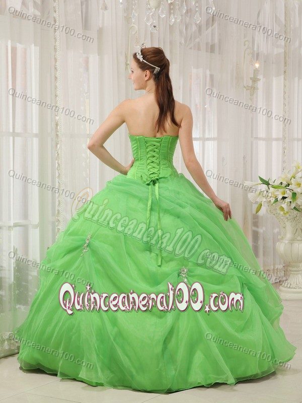 New Style Spring Green Appliques Sweetheart Quinceanera Dress with Pick-ups