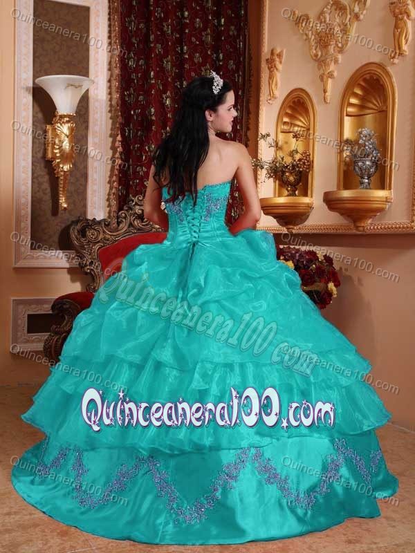 Beading Turquoise Strapless Dresses For a Quinceanera with Pick-ups