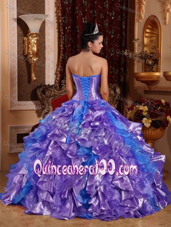 Embroidery and Ruffles Strapless Organza Dresses For a Quince in Purple